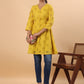Janasya Mustard Cotton Schiffli A-Line Tunic | Swadesiicart