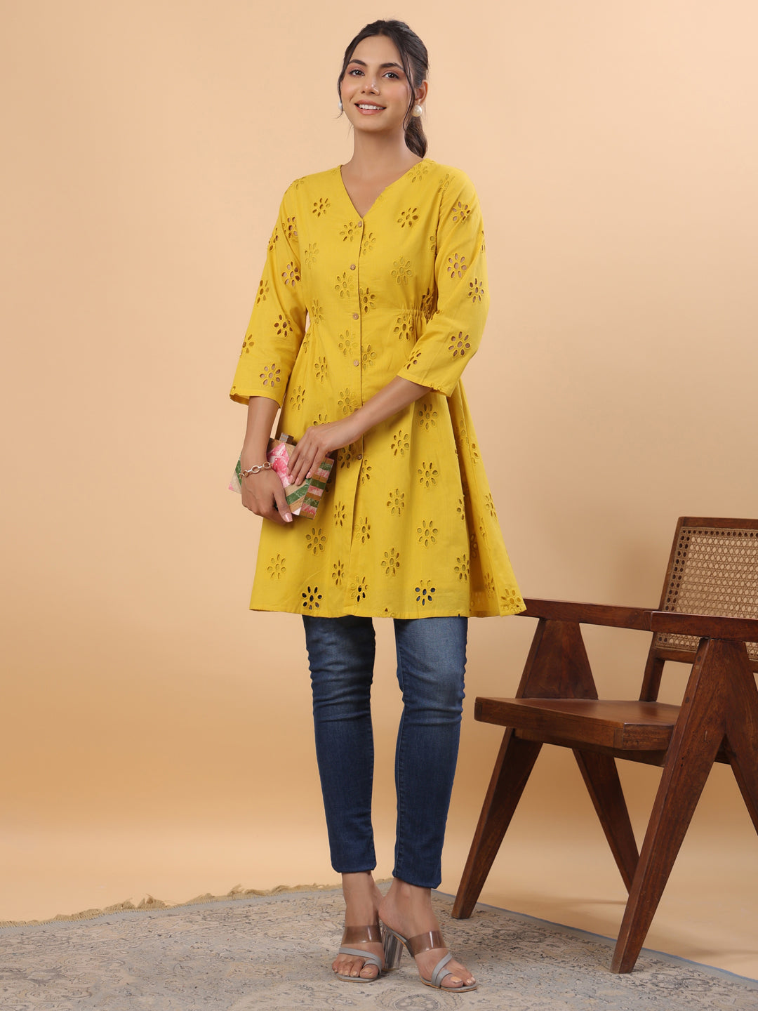 Janasya Mustard Cotton Schiffli A-Line Tunic | Swadesiicart