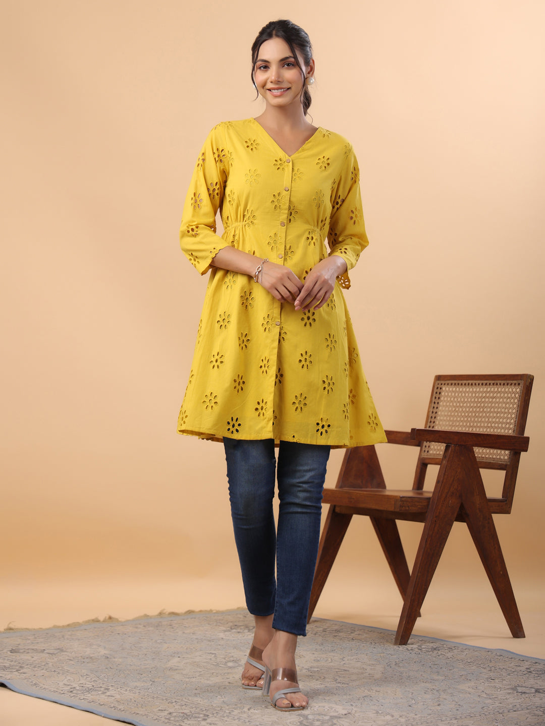 Janasya Mustard Cotton Schiffli A-Line Tunic | Swadesiicart