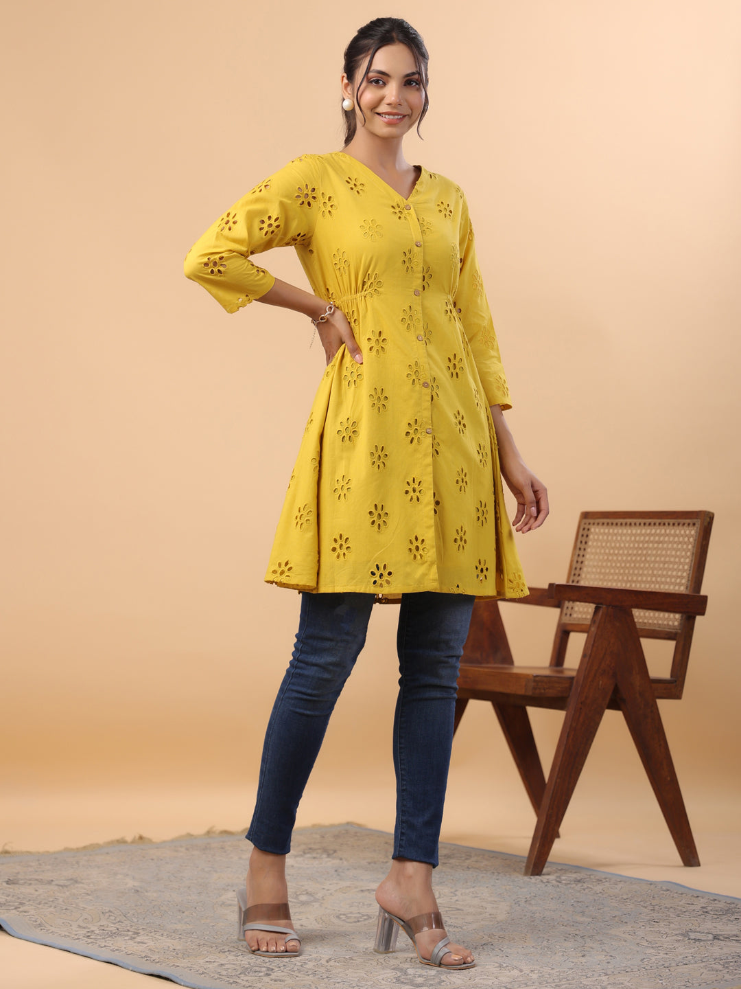 Janasya Mustard Cotton Schiffli A-Line Tunic | Swadesiicart