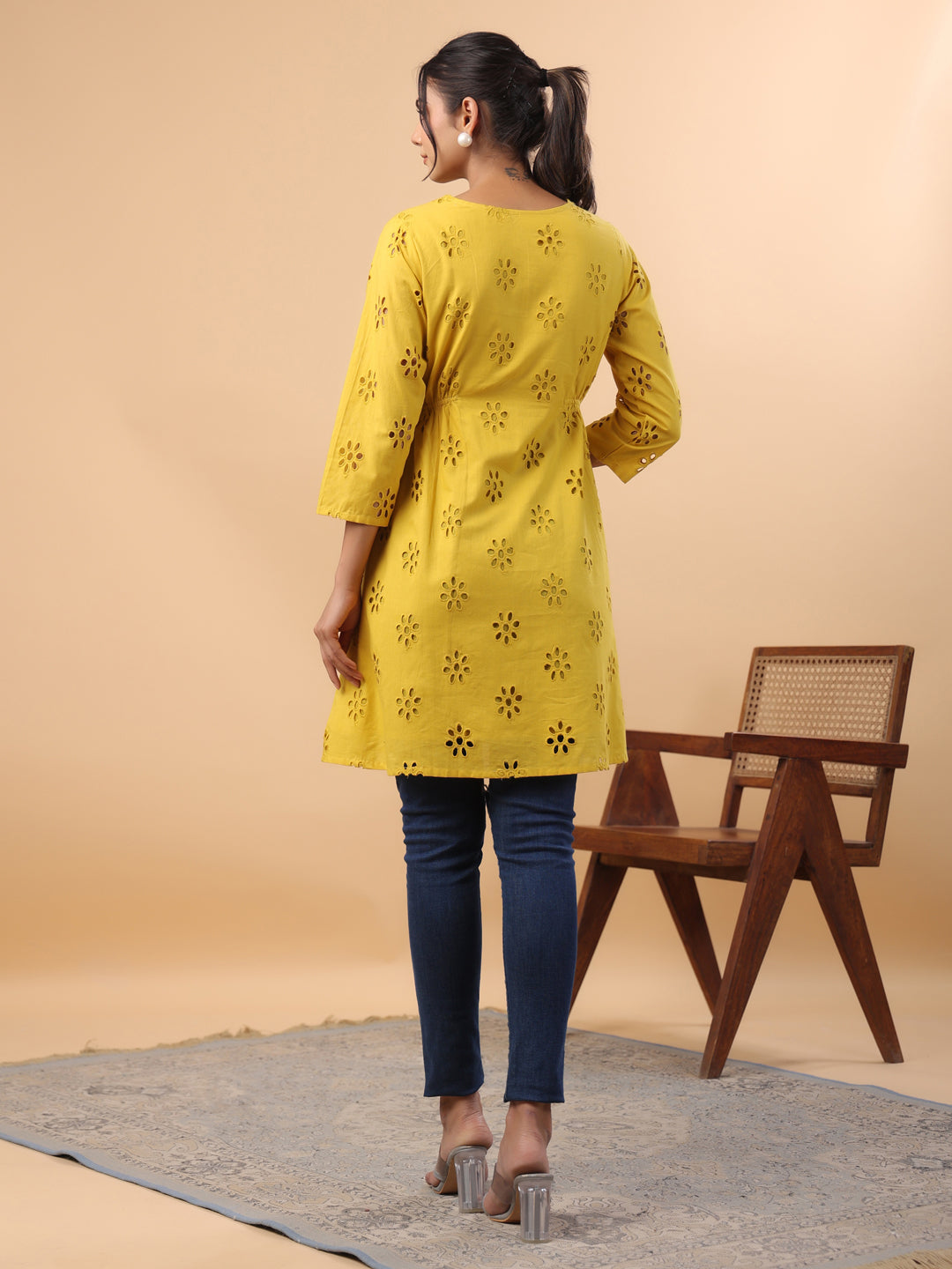 Janasya Mustard Cotton Schiffli A-Line Tunic | Swadesiicart