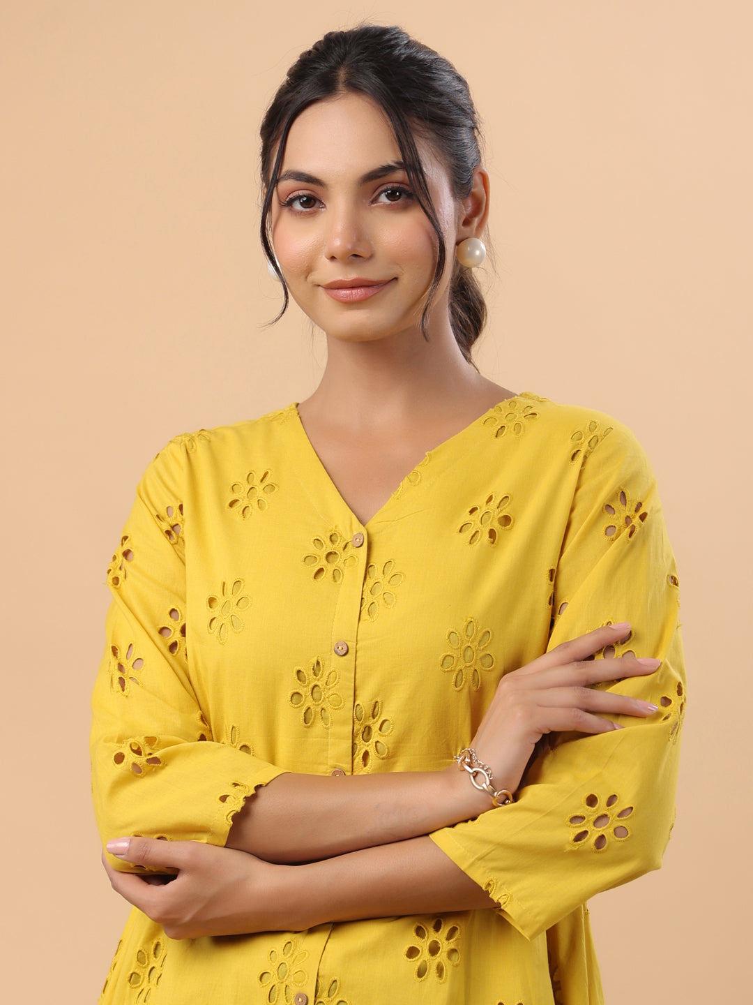 Janasya Mustard Cotton Schiffli A-Line Tunic | Swadesiicart