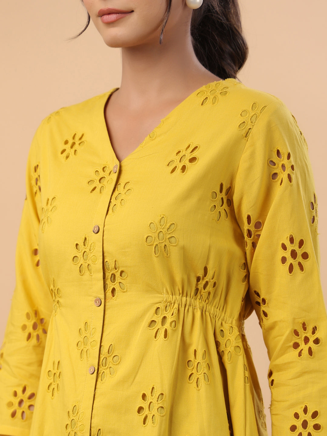 Janasya Mustard Cotton Schiffli A-Line Tunic | Swadesiicart