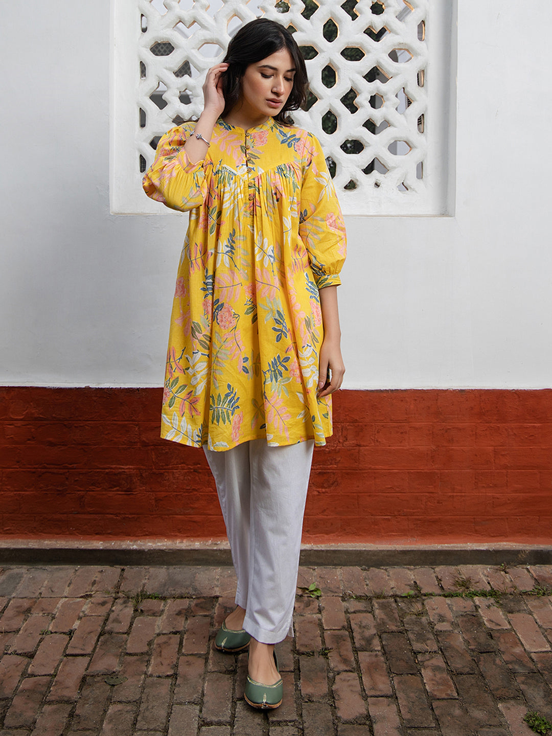 Janasya Light Cotton Tropical Gathered Tunic | Swadesiicart