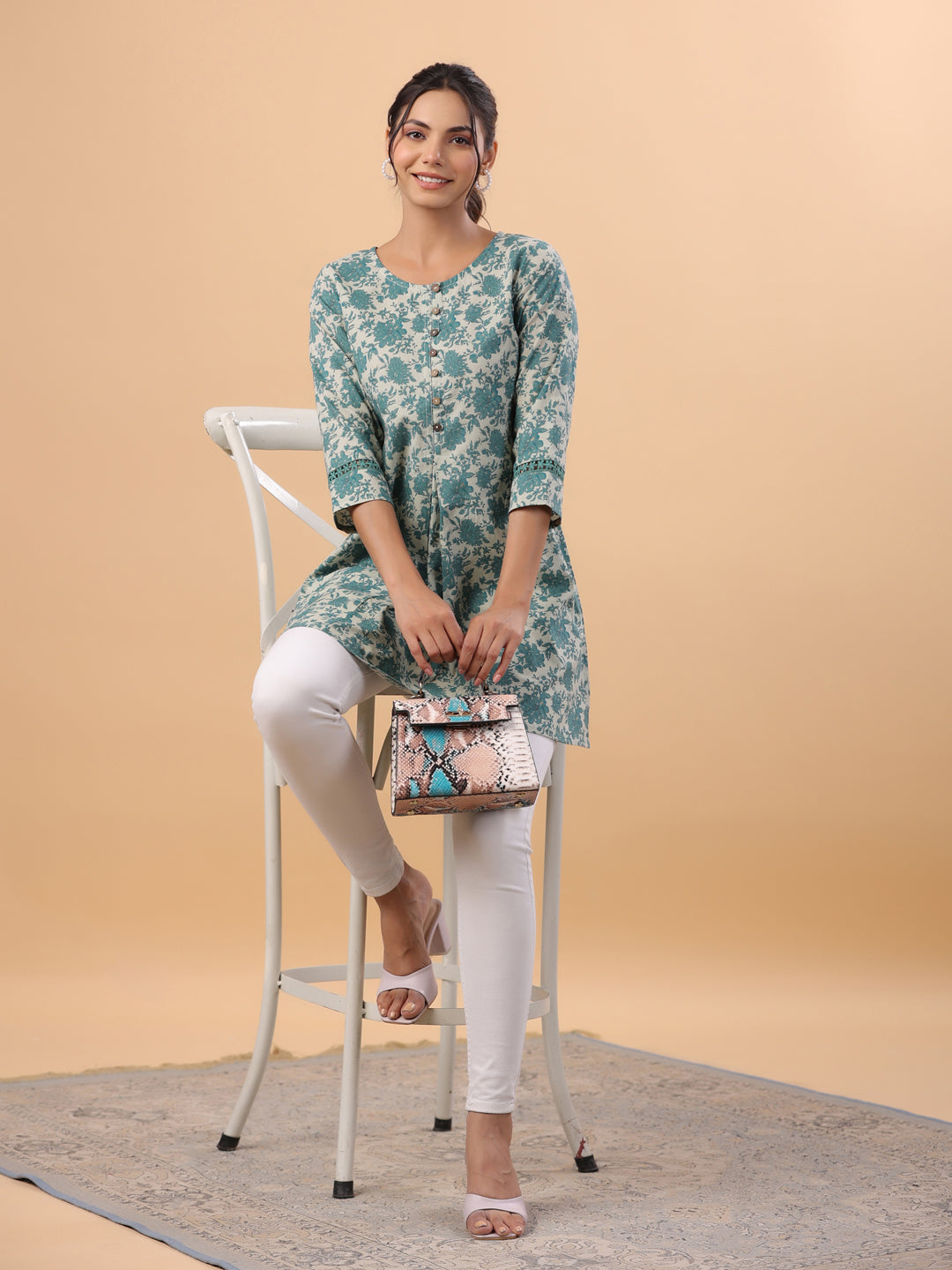 Janasya Sage Cambric Floral Tunic | Swadesiicart