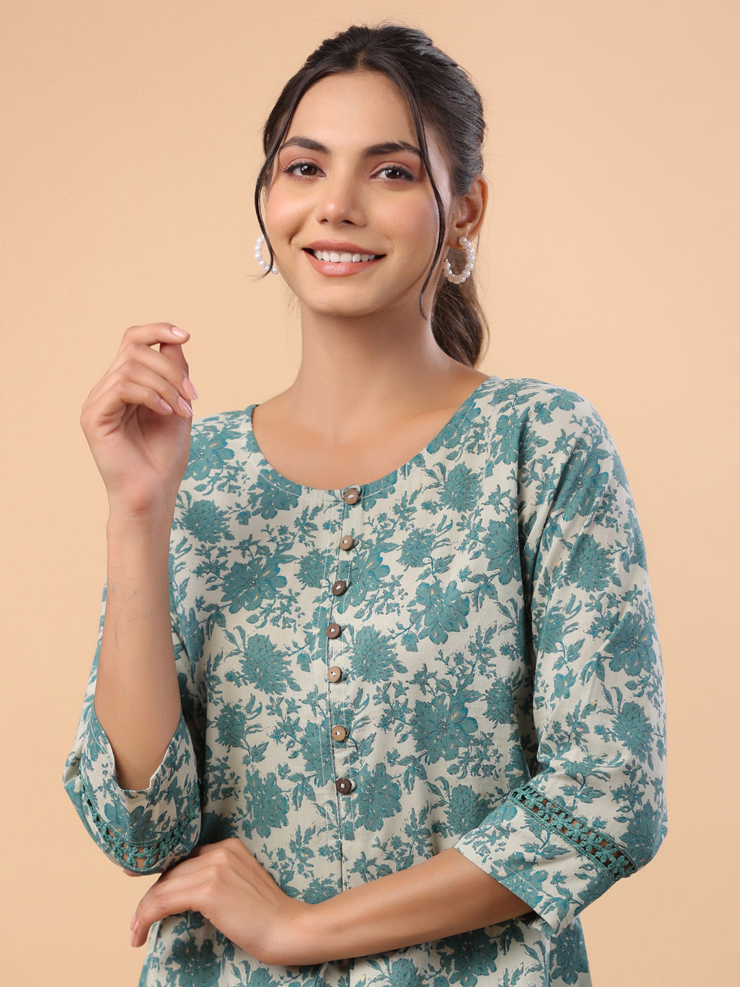 Janasya A-Line Cambric Sage Floral Round Neck Tunic | Swadesiicart