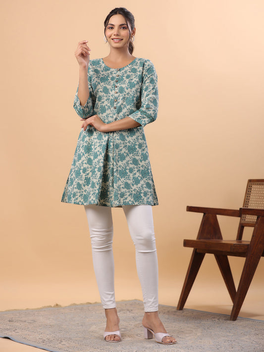 Janasya A-Line Cambric Sage Floral Round Neck Tunic | Swadesiicart