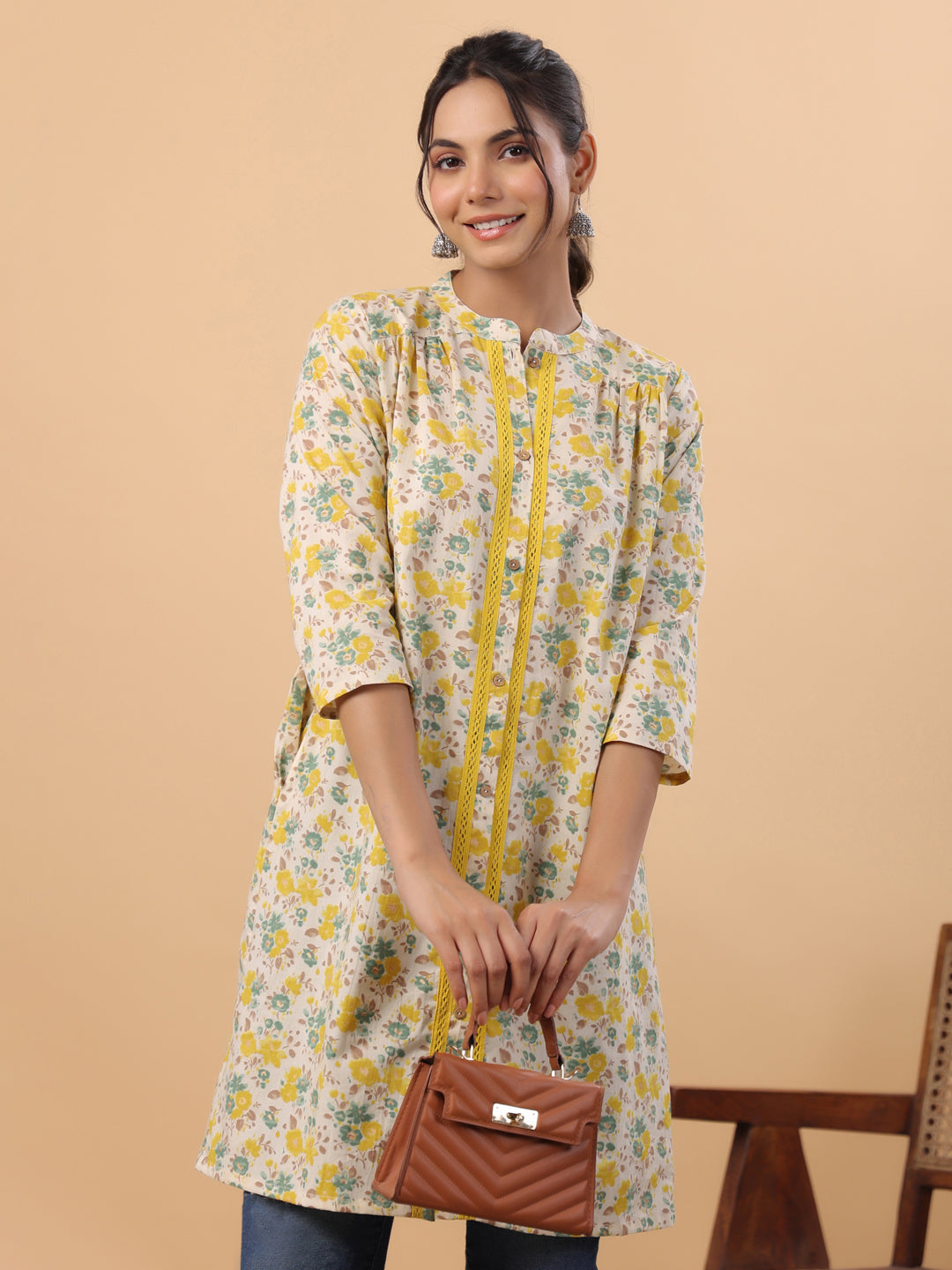Janasya A-Line Cambric Beige Floral Band Collar Tunic | Swadesiicart