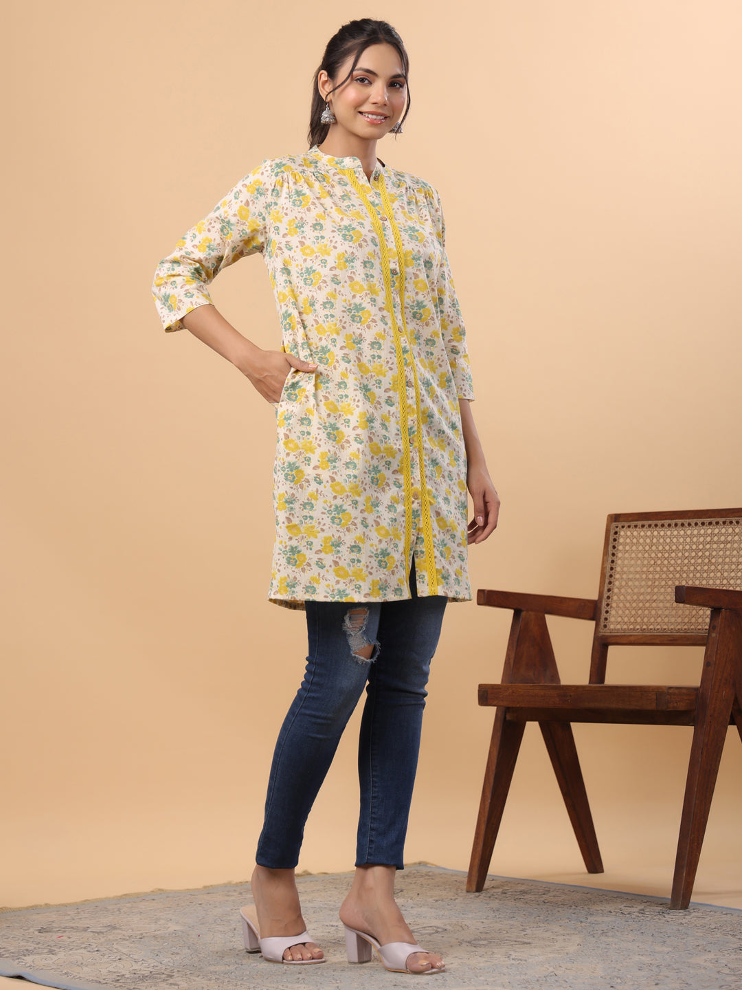 Janasya A-Line Cambric Beige Floral Band Collar Tunic | Swadesiicart