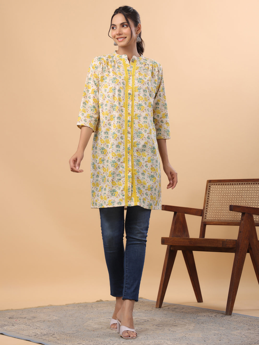 Janasya Beige Cambric Floral Tunic | Swadesiicart