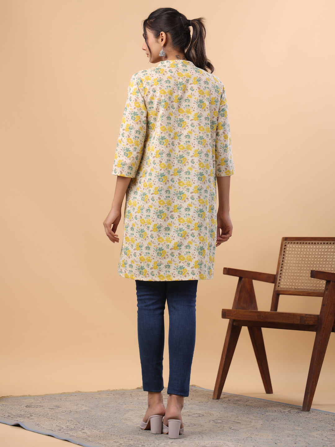 Janasya A-Line Cambric Beige Floral Band Collar Tunic | Swadesiicart