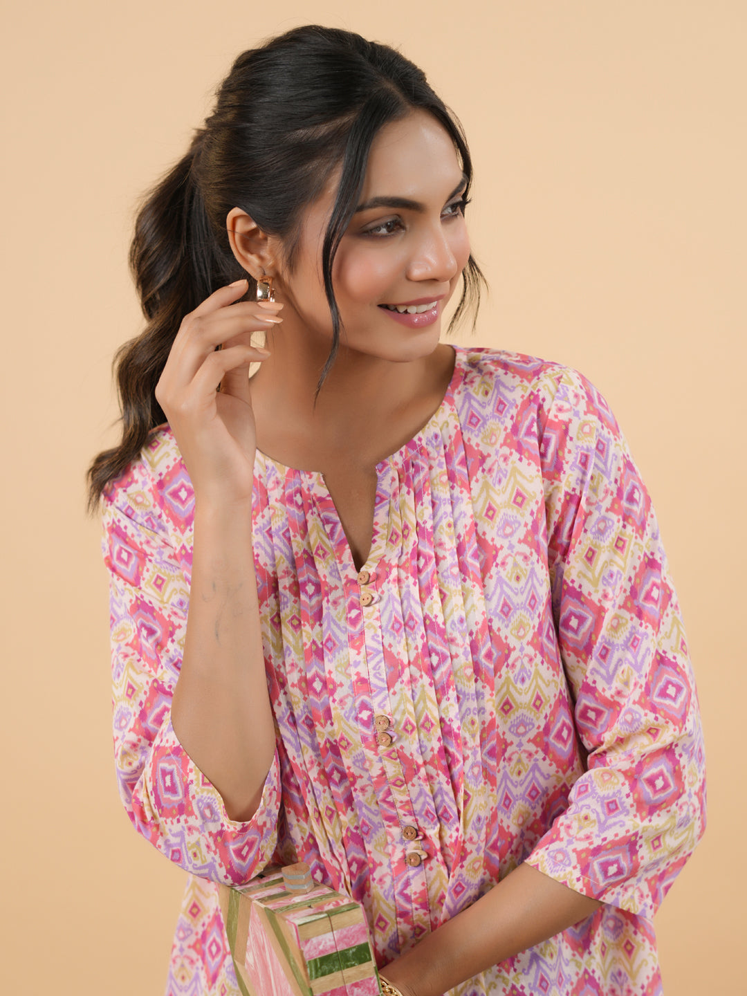Janasya Pink Cambric Geometric Tunic | Swadesiicart