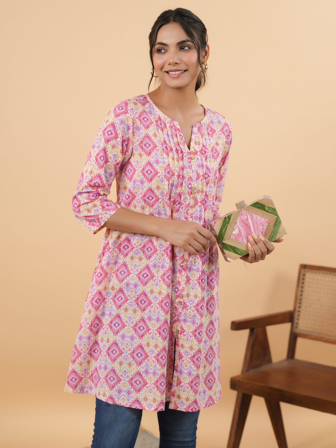Janasya Pink Cambric Geometric Tunic | Swadesiicart