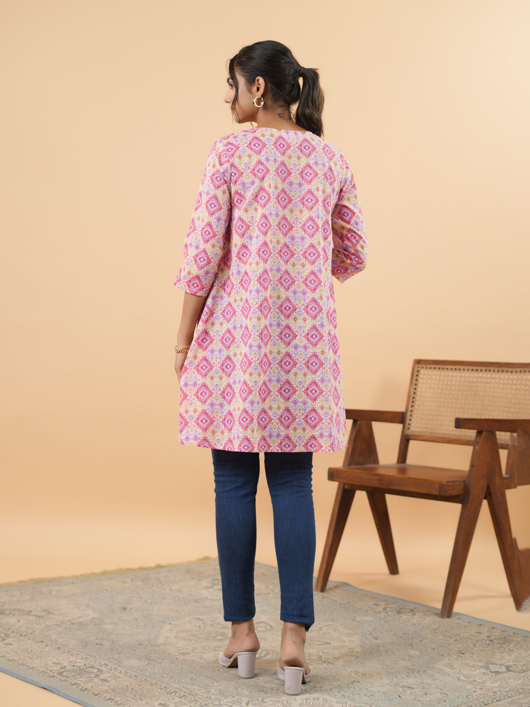 Janasya Pink Cambric Geometric Tunic | Swadesiicart