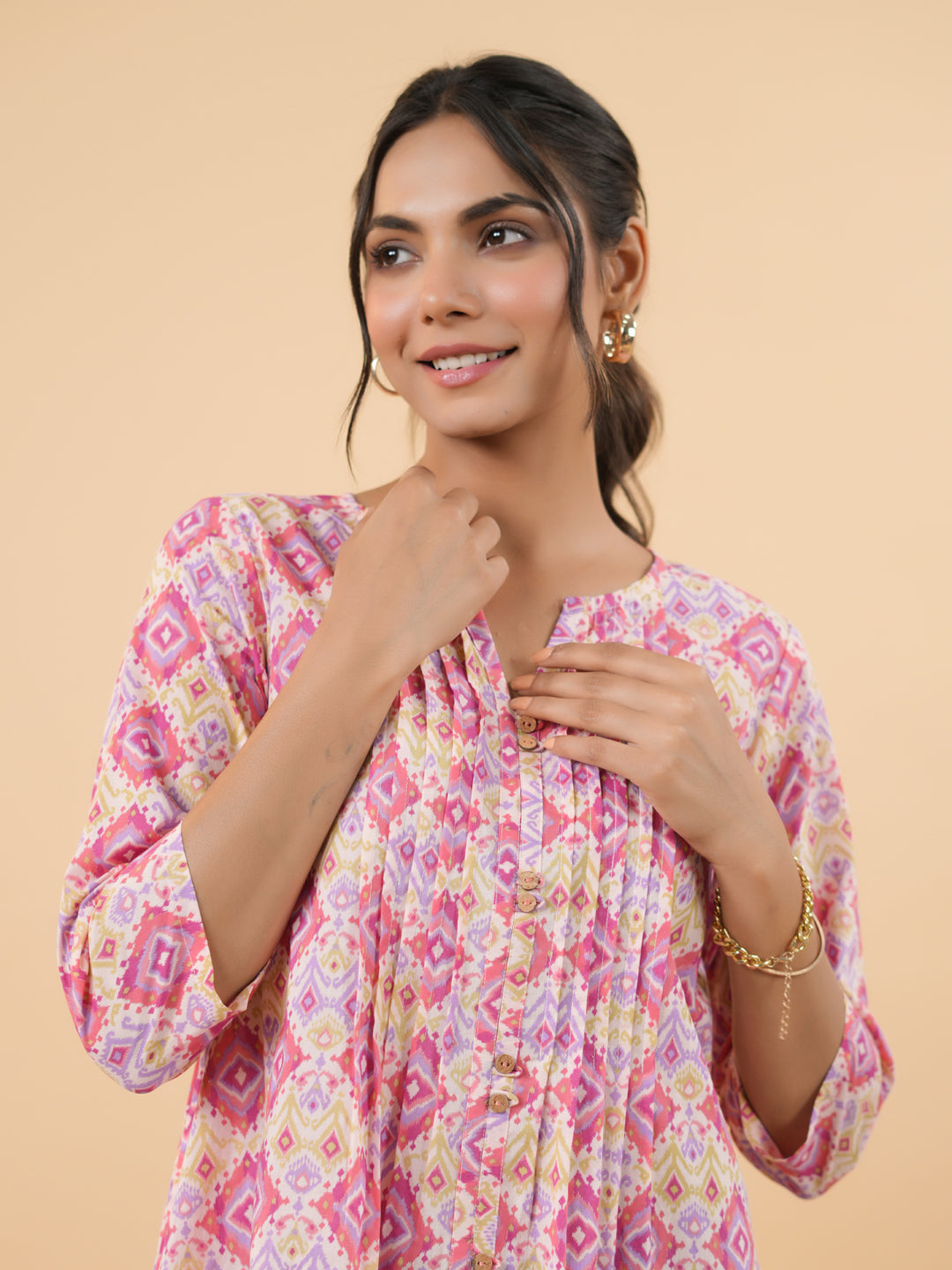 Janasya Pink Cambric Geometric Tunic | Swadesiicart