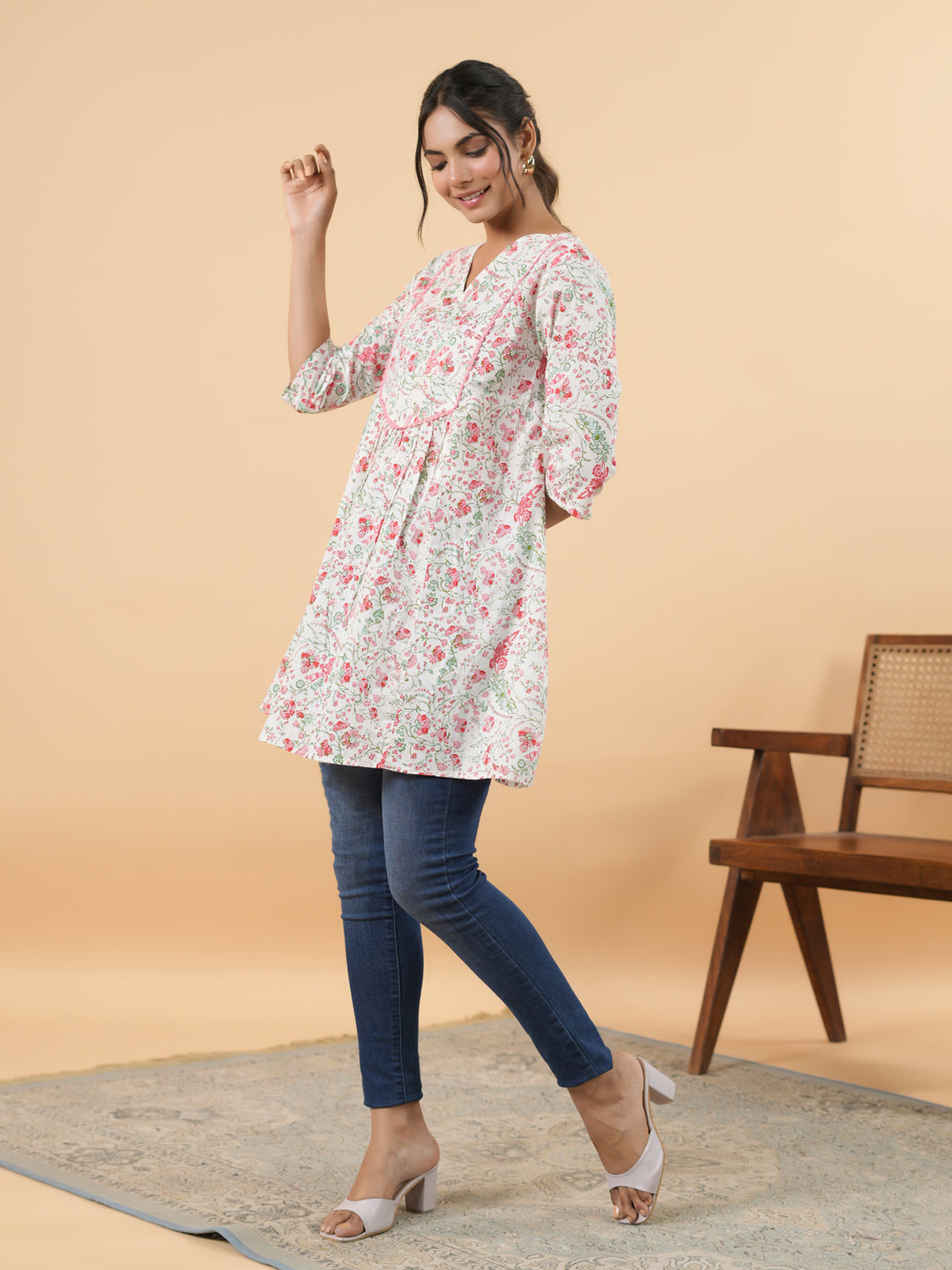 Janasya Light Floral A-Line Tunic | Swadesiicart