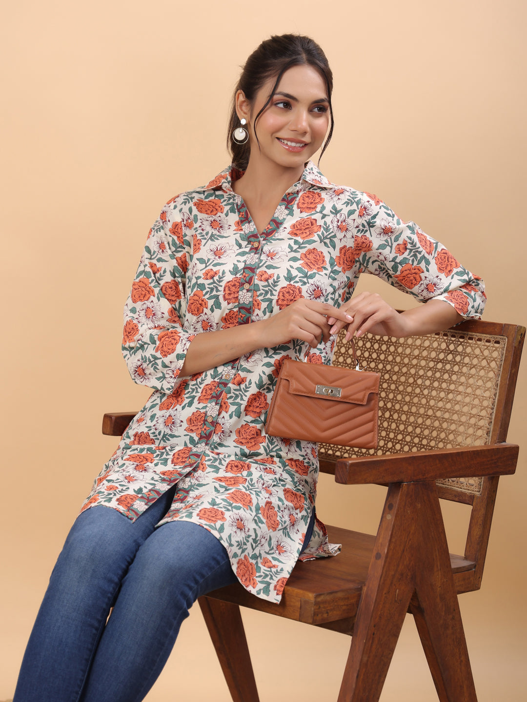 Janasya Cream Cambric Floral Tunic | Swadesiicart