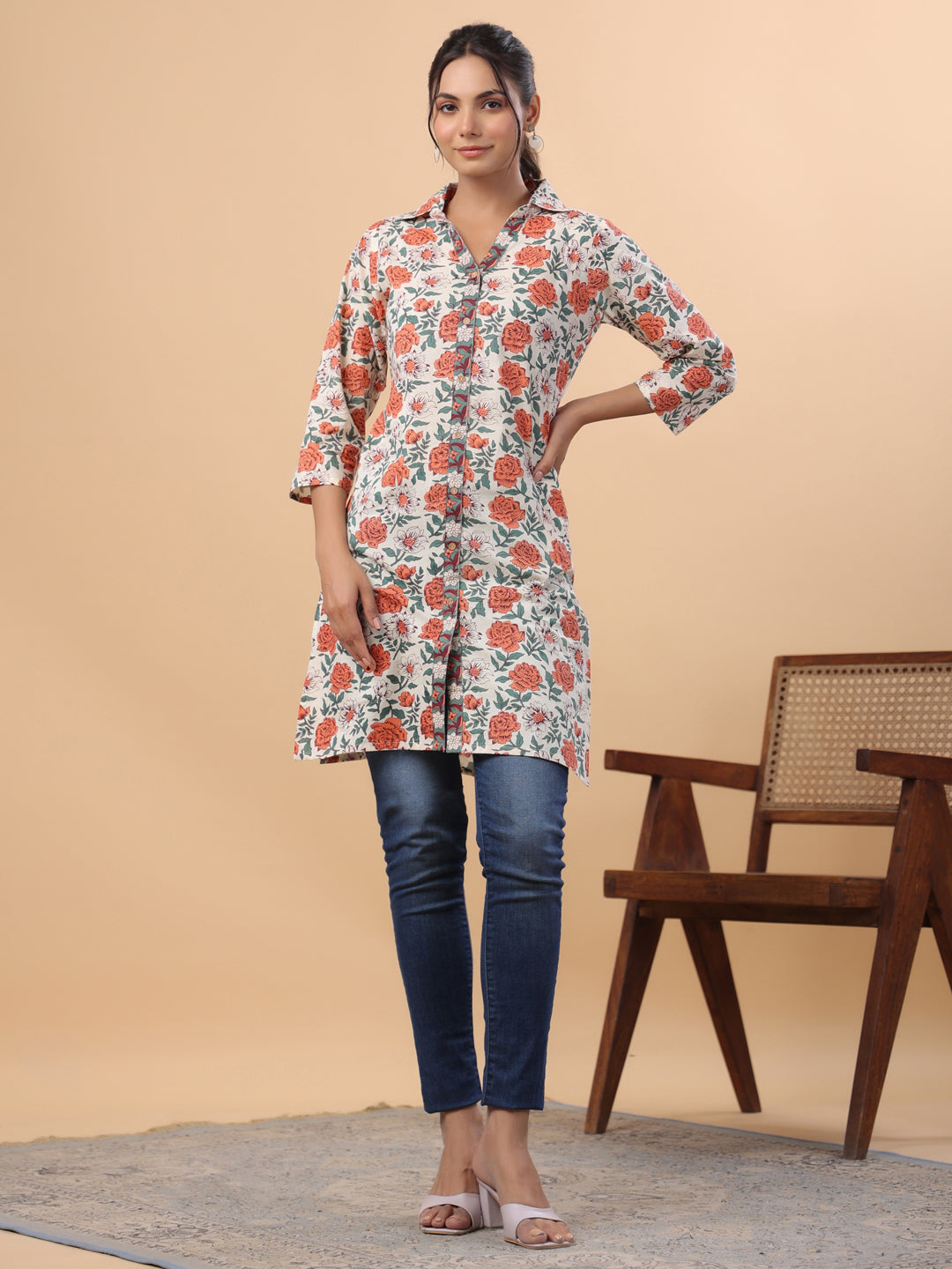 Janasya Cream Cambric Floral Tunic | Swadesiicart