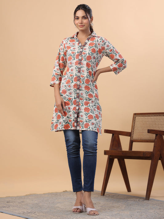 Janasya Regular Cambric Cream Floral Collar Tunic | Swadesiicart