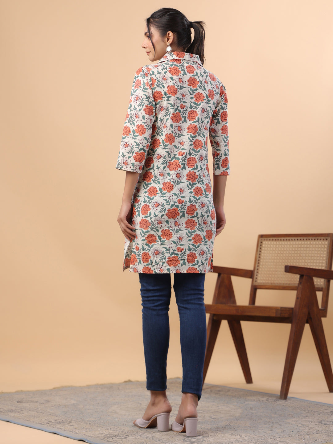 Janasya Cream Cambric Floral Tunic | Swadesiicart