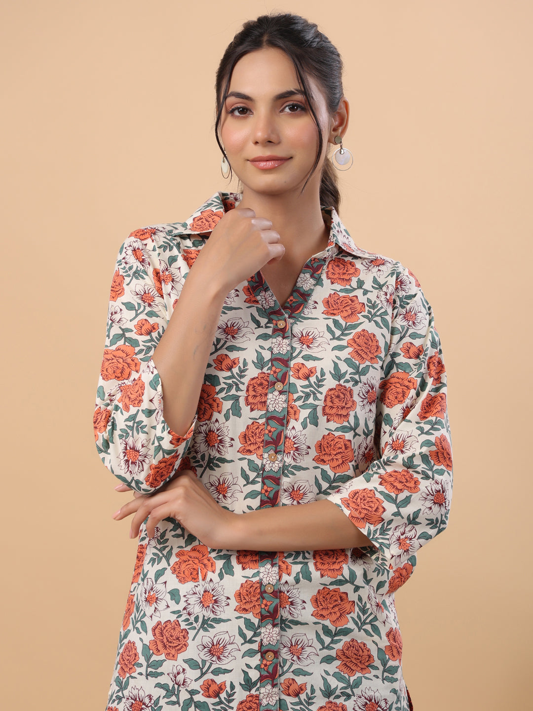 Janasya Cream Cambric Floral Tunic | Swadesiicart