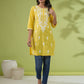 Janasya Straight Cotton Cambric Yellow Ethnic Motifs Round Neck Tunic | Swadesiicart