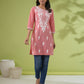 Janasya Straight Cambric Beige Embroidered Round Neck Tunic | Swadesiicart