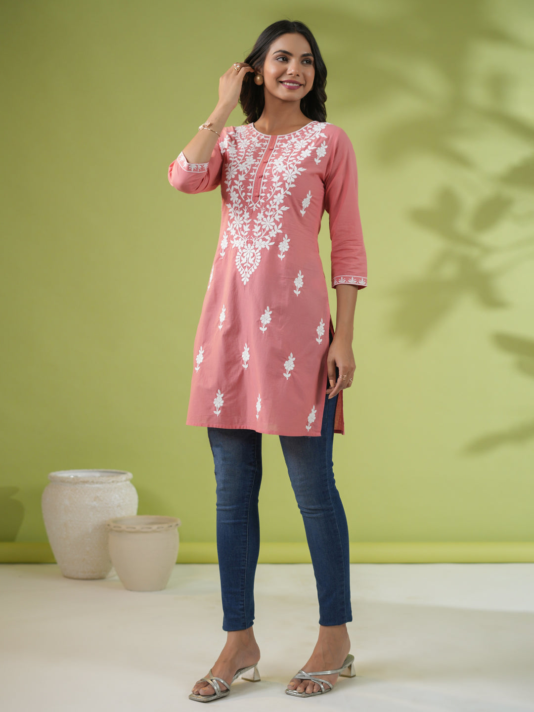 Janasya Straight Cambric Beige Embroidered Round Neck Tunic | Swadesiicart
