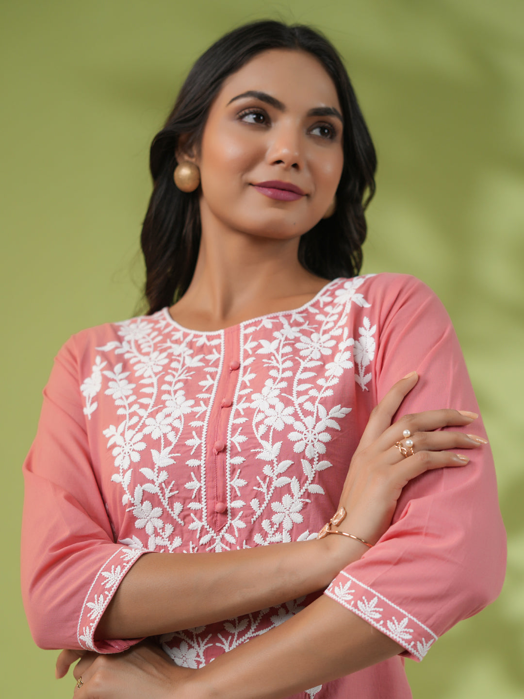 Janasya Straight Cambric Beige Embroidered Round Neck Tunic | Swadesiicart
