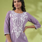 Janasya Straight Cambric Lavender Embroidered Round Neck Tunic | Swadesiicart