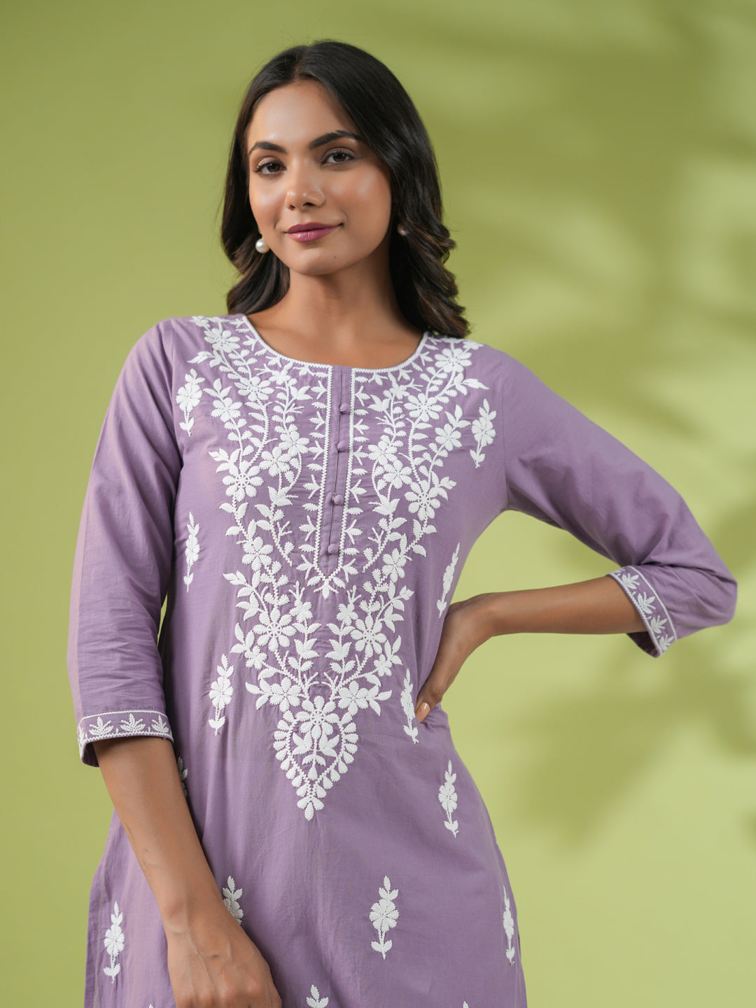 Janasya Straight Cambric Lavender Embroidered Round Neck Tunic | Swadesiicart