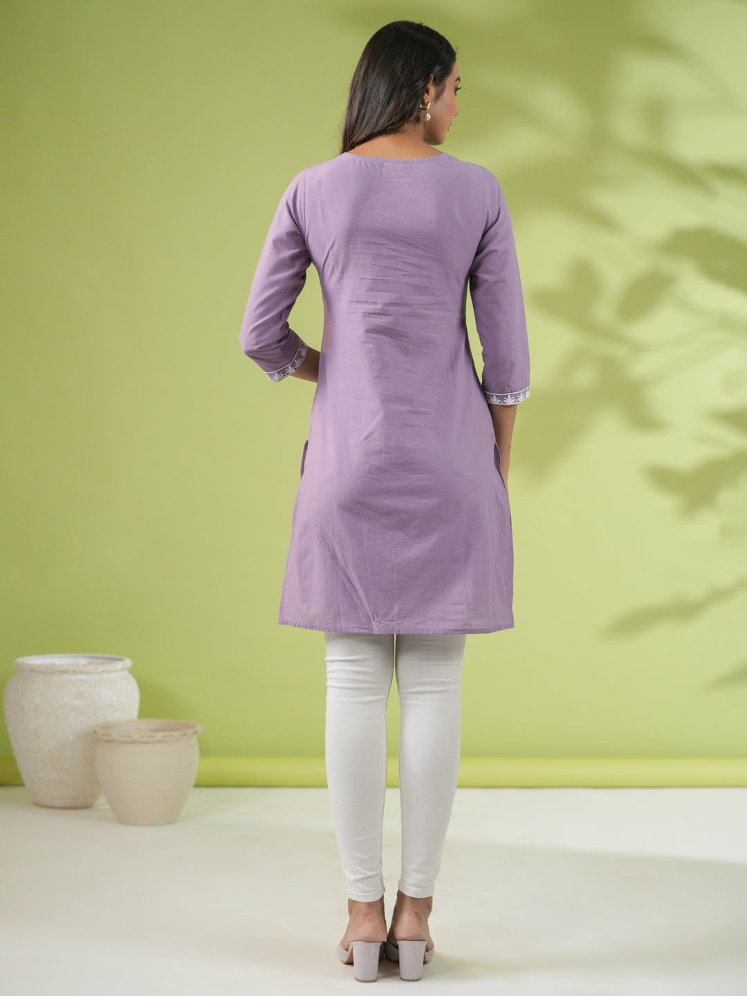 Janasya Straight Cambric Lavender Embroidered Round Neck Tunic | Swadesiicart