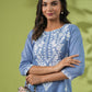 Janasya Straight Cambric Blue Embroidered Round Neck Tunic | Swadesiicart