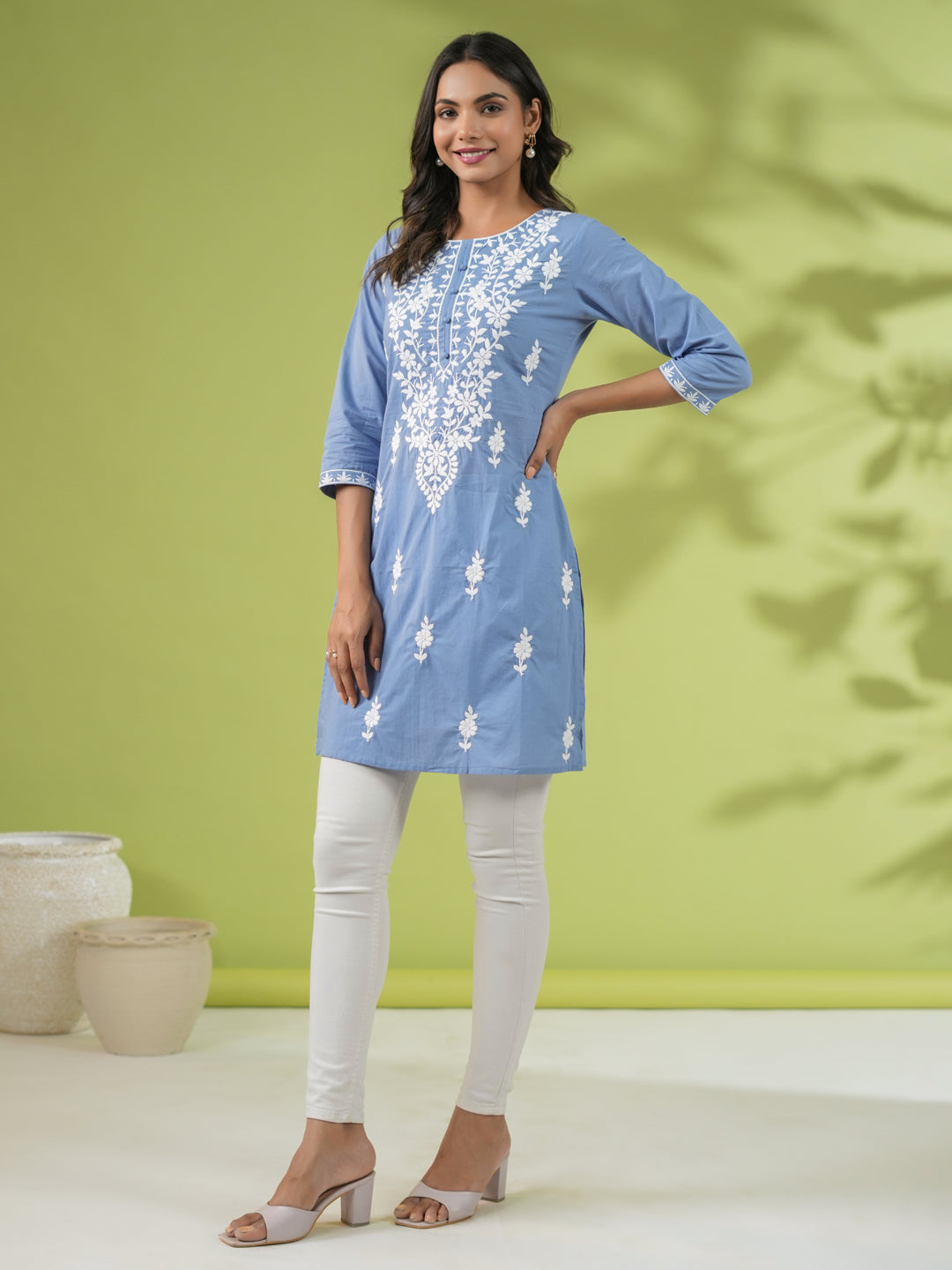 Janasya Straight Cambric Blue Embroidered Round Neck Tunic | Swadesiicart