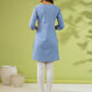 Janasya Straight Cambric Blue Embroidered Round Neck Tunic | Swadesiicart