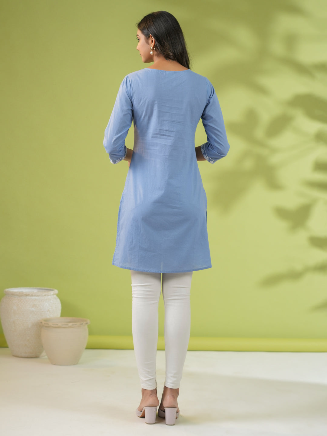 Janasya Blue Cambric Embroidered Tunic | Swadesiicart