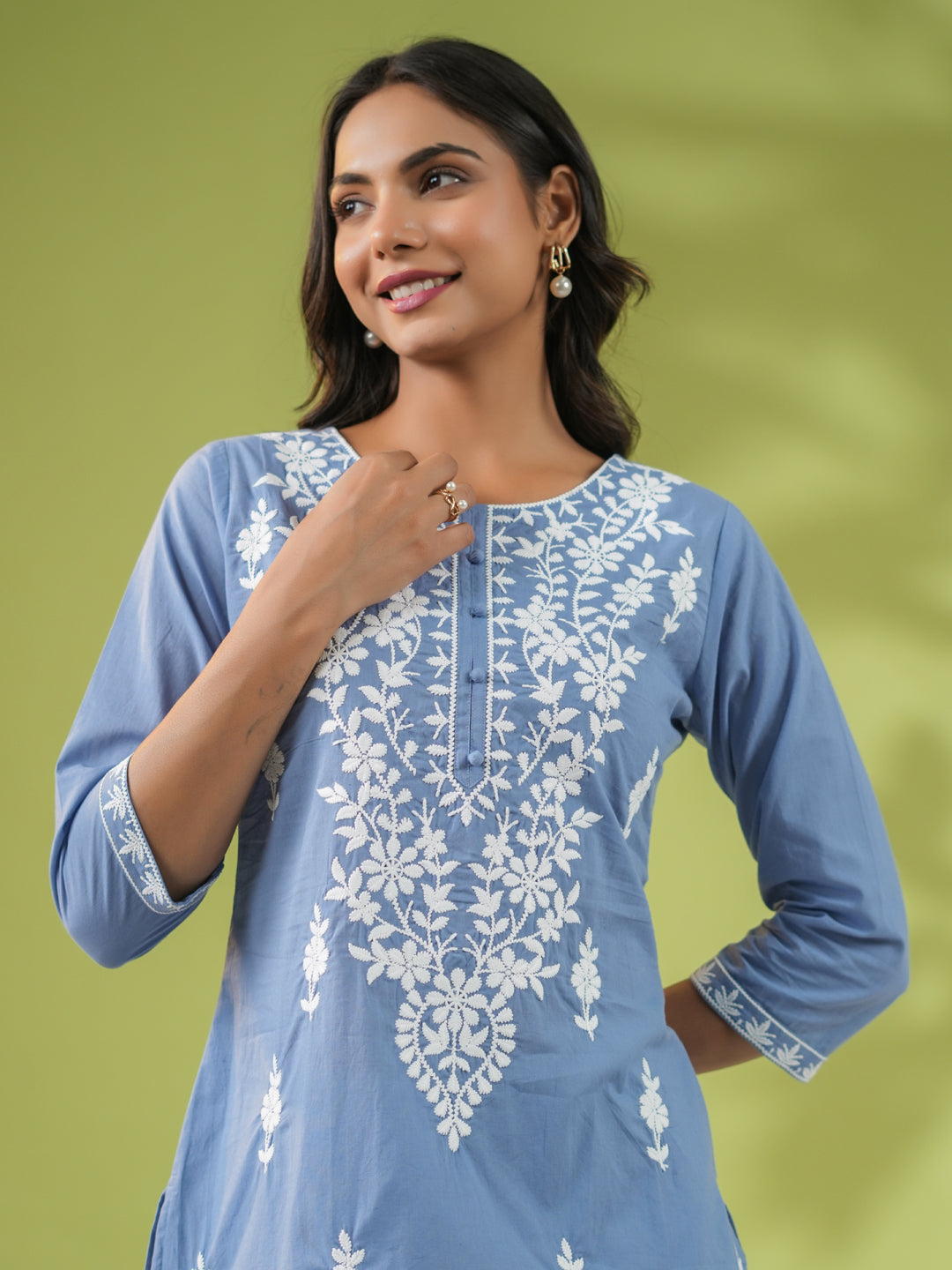 Janasya Blue Cambric Embroidered Tunic | Swadesiicart