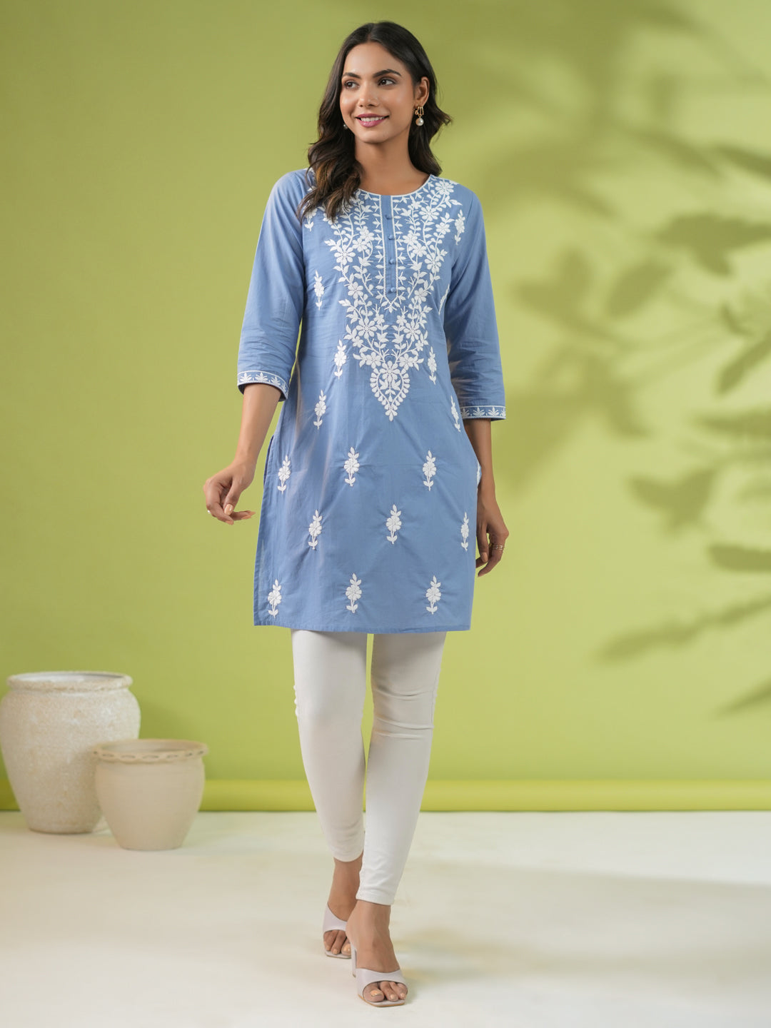 Janasya Blue Cambric Embroidered Tunic | Swadesiicart