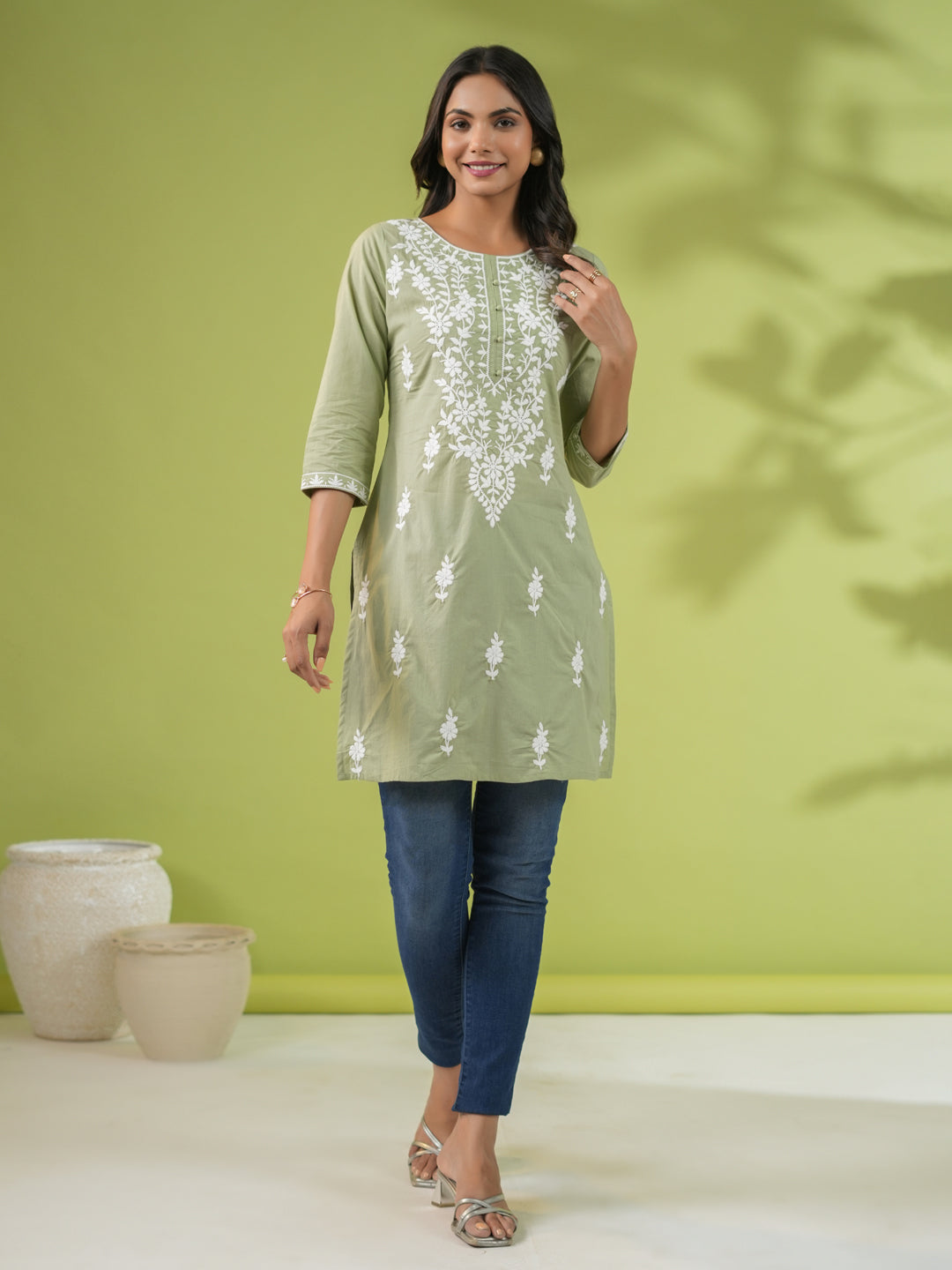 Janasya Sage Cambric Embroidered Tunic | Swadesiicart