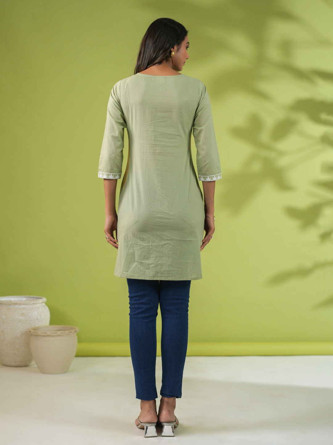 Janasya Regular Cambric Sage Embroidered Round Neck Tunic | Swadesiicart