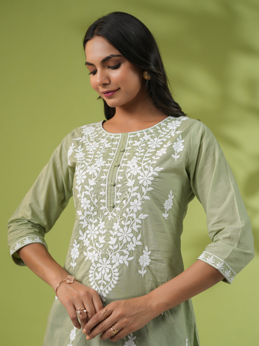 Janasya Sage Cambric Embroidered Tunic | Swadesiicart