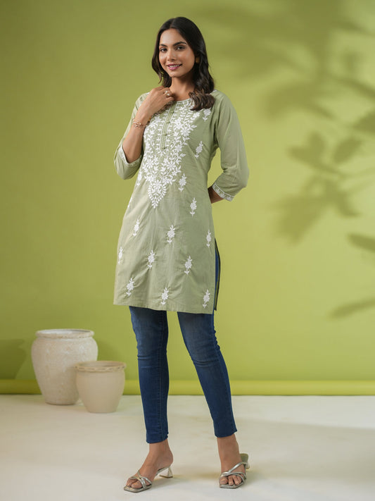 Janasya Regular Cambric Sage Embroidered Round Neck Tunic | Swadesiicart