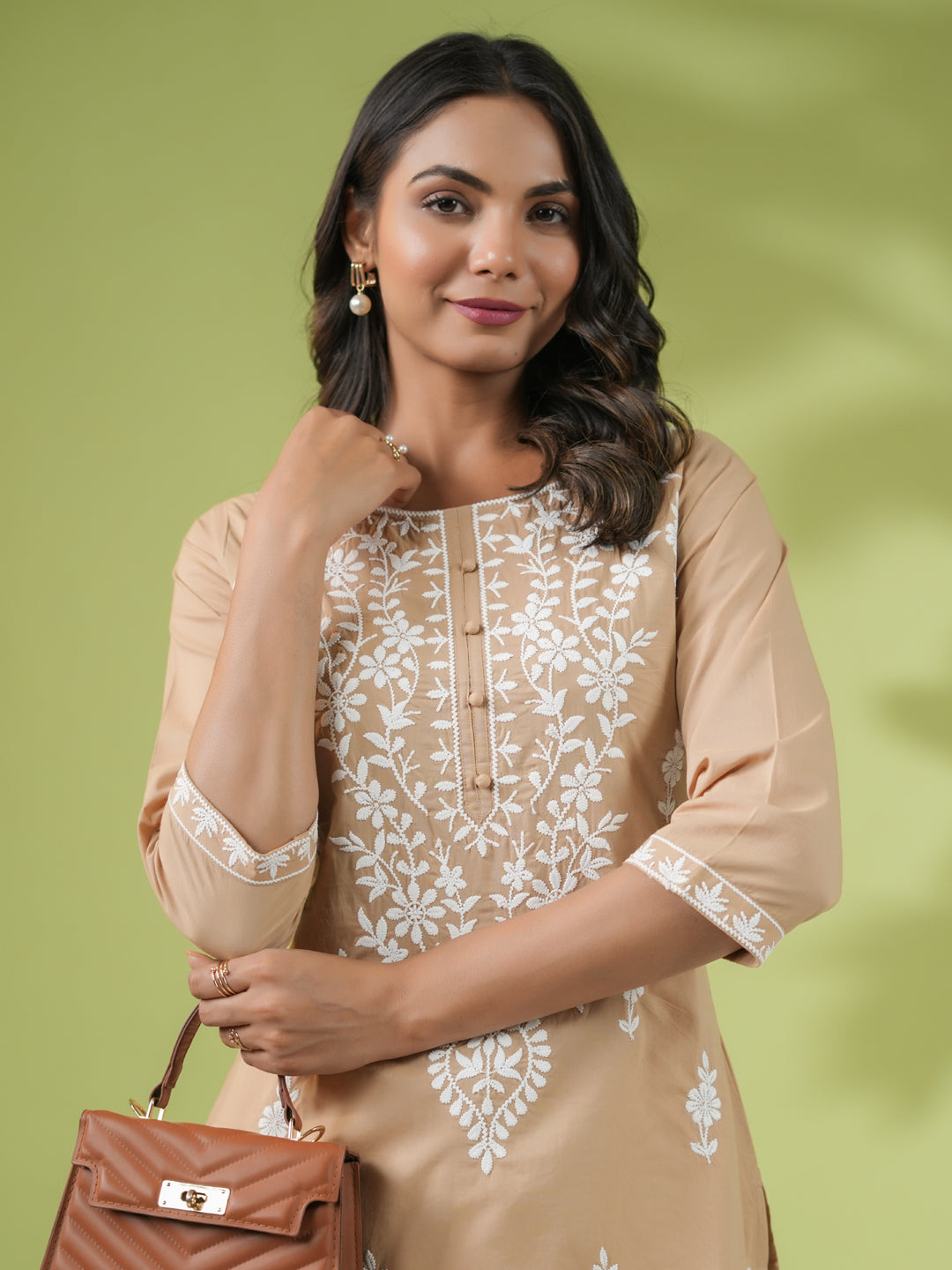 Janasya Straight Cambric Beige Embroidered Round Neck Tunic | Swadesiicart
