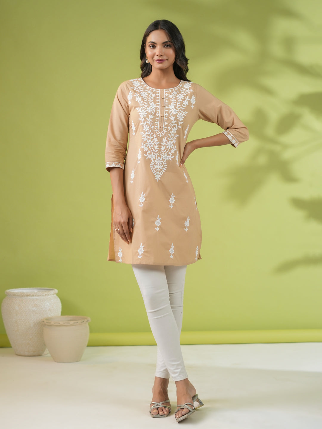 Janasya Straight Cambric Beige Embroidered Round Neck Tunic | Swadesiicart