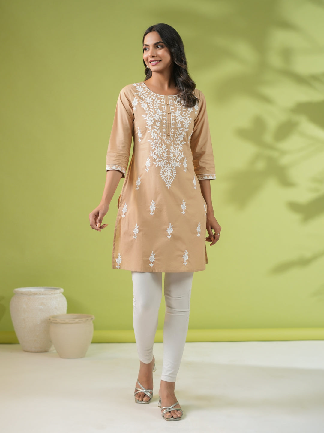Janasya Straight Cambric Beige Embroidered Round Neck Tunic | Swadesiicart