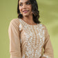 Janasya Straight Cambric Beige Embroidered Round Neck Tunic | Swadesiicart