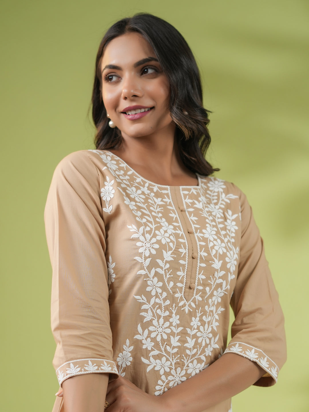 Janasya Straight Cambric Beige Embroidered Round Neck Tunic | Swadesiicart