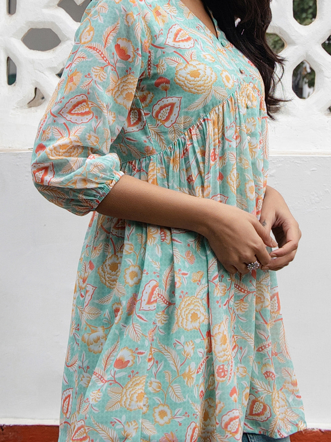 Janasya From Style Master Georgette Floral Gathered Tunic | Swadesiicart
