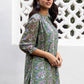 Janasya Regular Weightless Georgette Sage Floral Band Collar Tunic | Swadesiicart