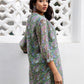 Janasya Regular Weightless Georgette Sage Floral Band Collar Tunic | Swadesiicart
